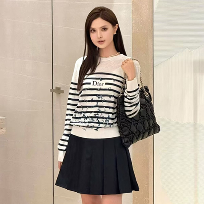 dior nautical stripe allover bow embroidery crew neck long sleeve knit sweater